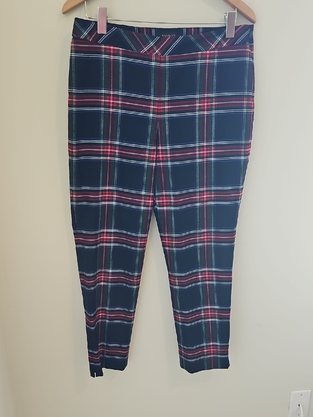 Talbots Plaid Ankle Pants Women Size 10P Blue Red Tartan Wool Blend Holiday Slim